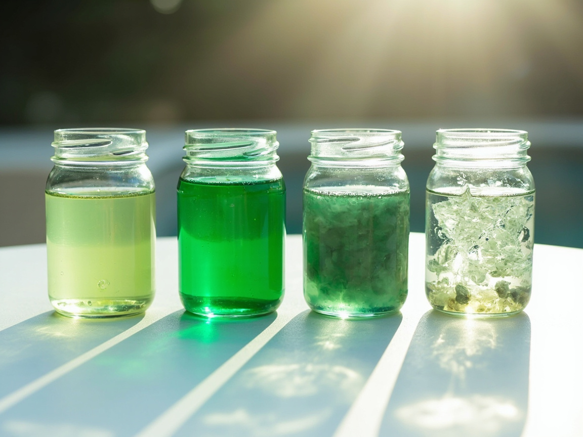 Four jars showing green pool water causes: cloudy green, pea-soup green, metal-tinted green, and grey-green dead algae