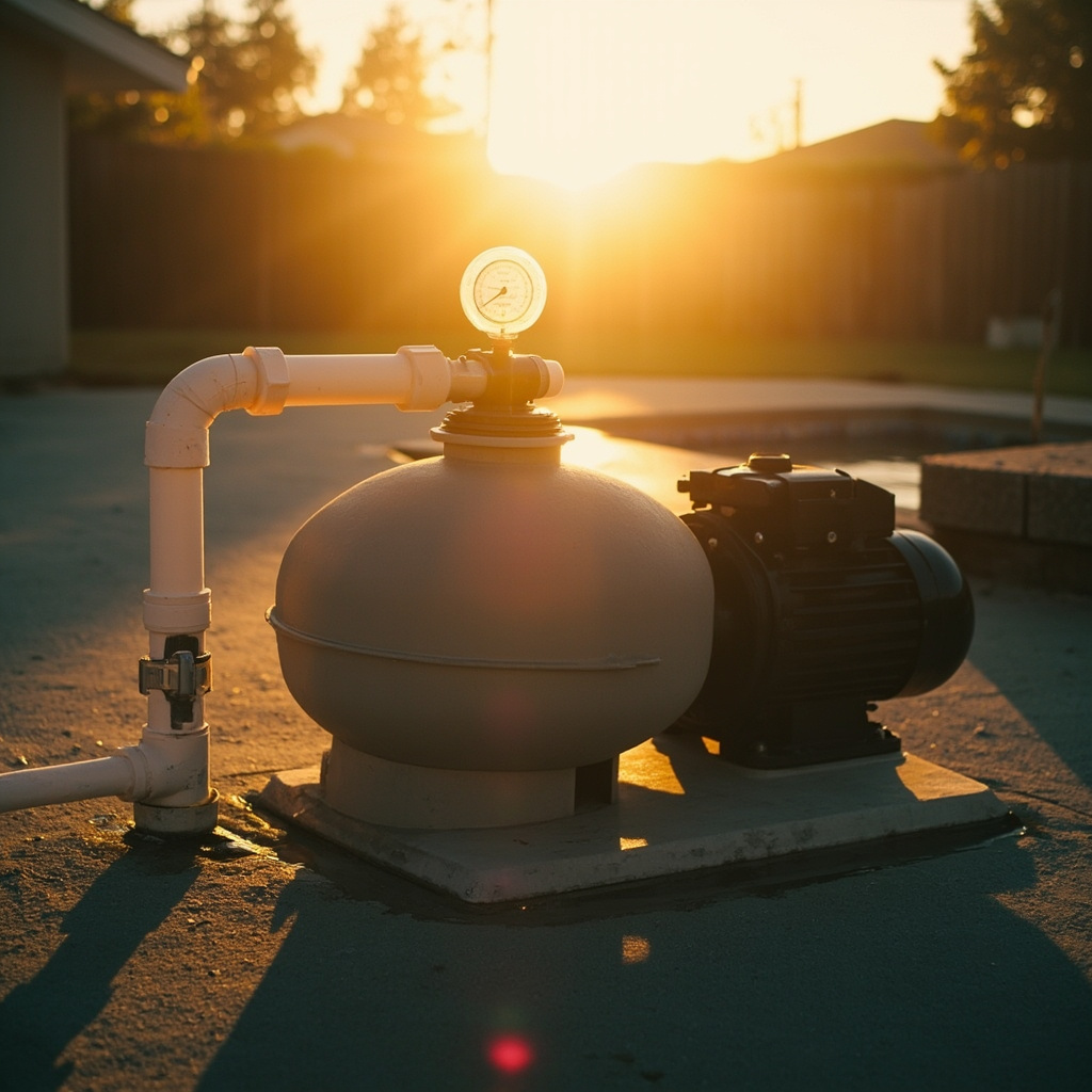 Pool sand filter with pressure gauge showing high reading on equipment pad at sunset
