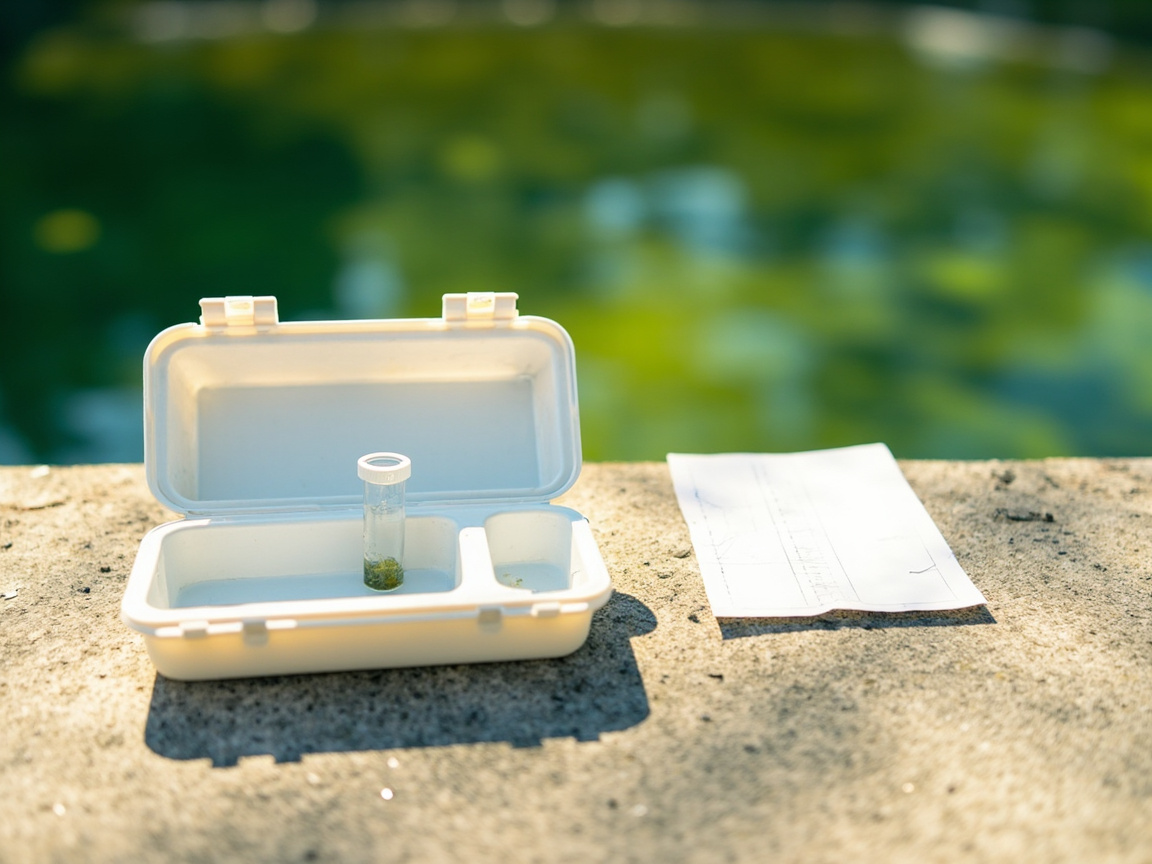 Pool water test kit open on deck with sample vial of green pool water and color comparison chart