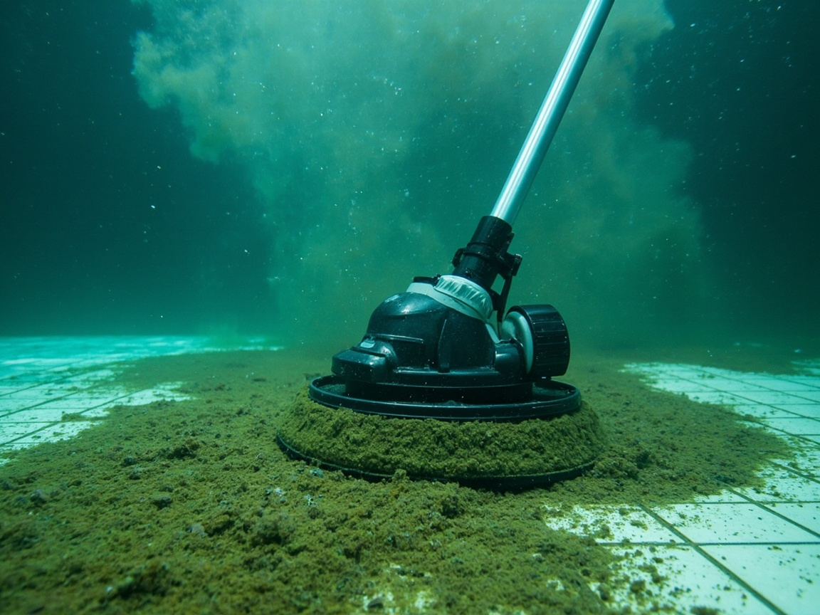 Pool vacuum head collecting dead algae debris from swimming pool floor underwater