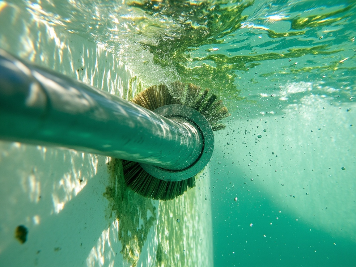 Pool brush scrubbing green algae film off a swimming pool wall underwater with visible clean plaster underneath