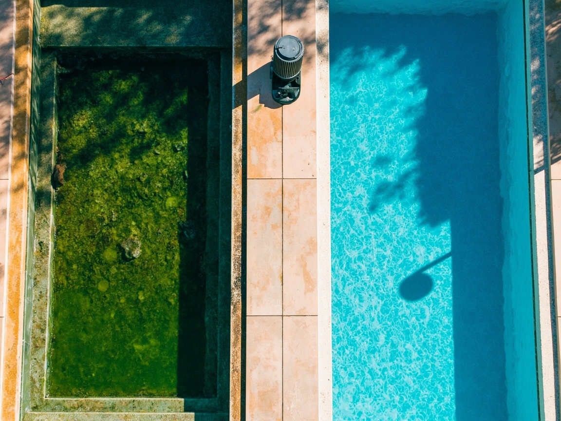 Two adjacent pools contrasting murky green algae water with crystal clear blue water separated by filtration equipment