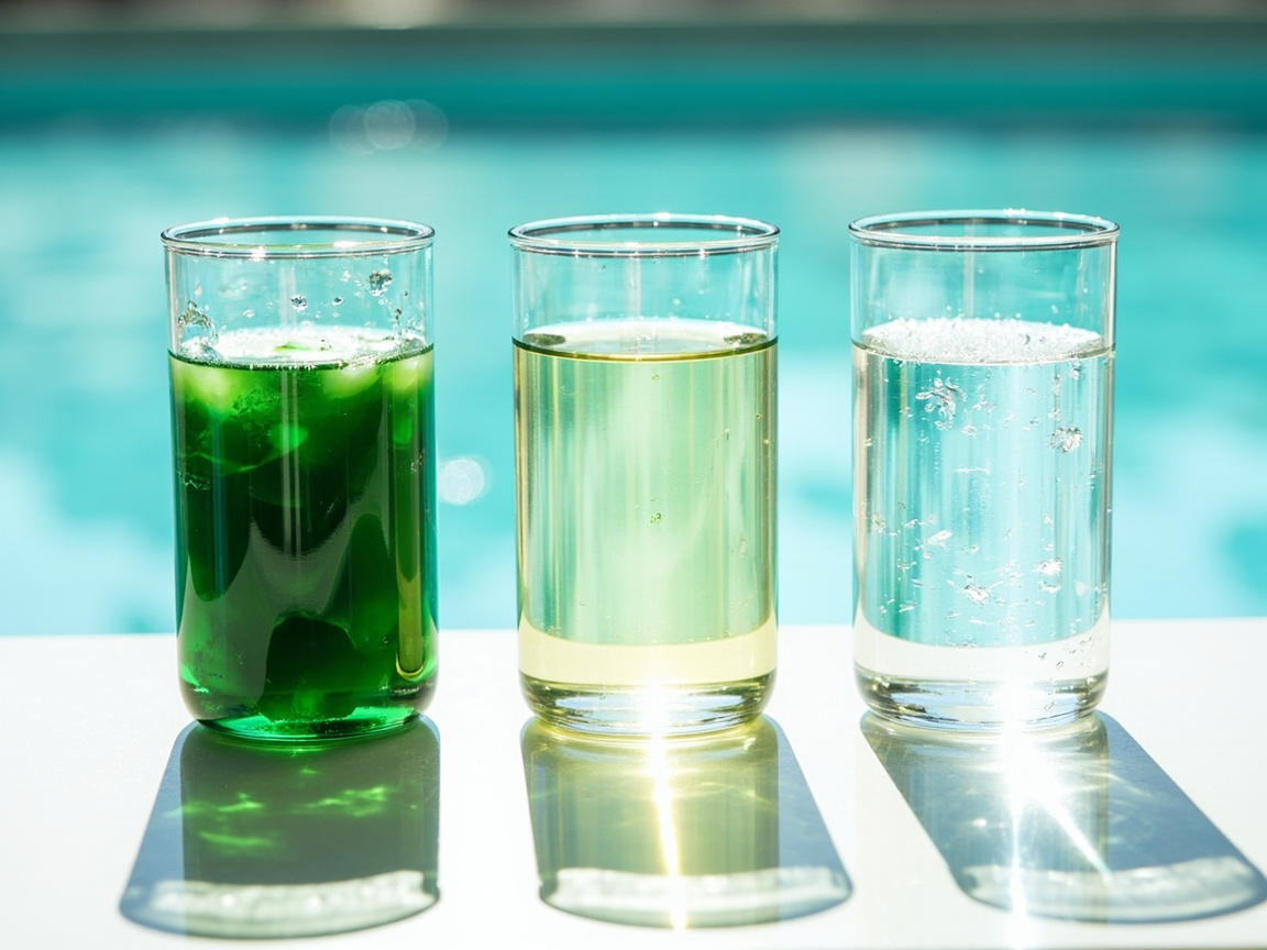 Three beakers showing pool water progression from high phosphate murky green to low phosphate crystal clear