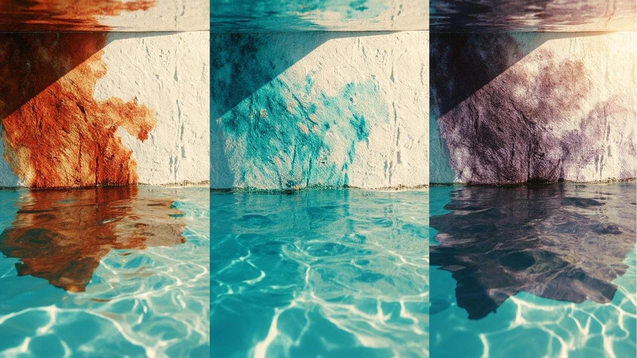 Three panels showing pool wall stains: rust-brown iron, teal-blue copper, and purple-black manganese on identical plaster