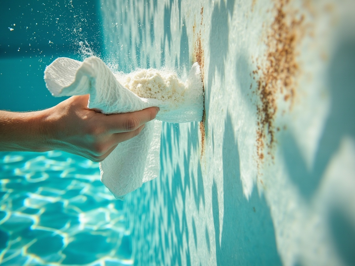 Crushed white vitamin C powder on a white paper towel pressed against a rust-brown pool wall stain with a fading halo