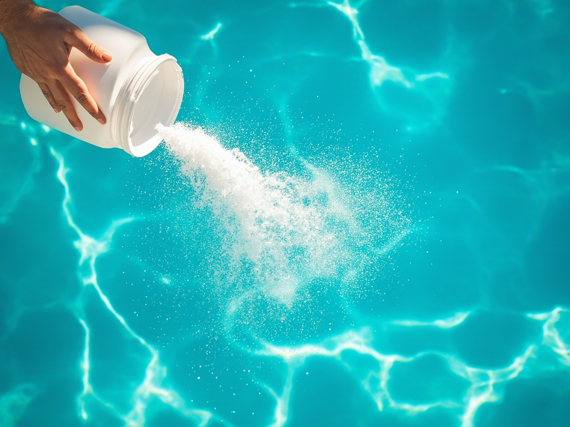 Plain white container broadcasting fine white ascorbic acid powder across clear blue pool water surface