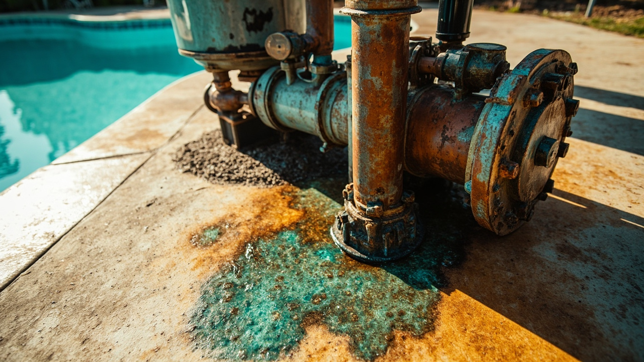 Outdoor pool equipment pad showing a corroded copper heat exchanger leaking a faint greenish water stain onto concrete