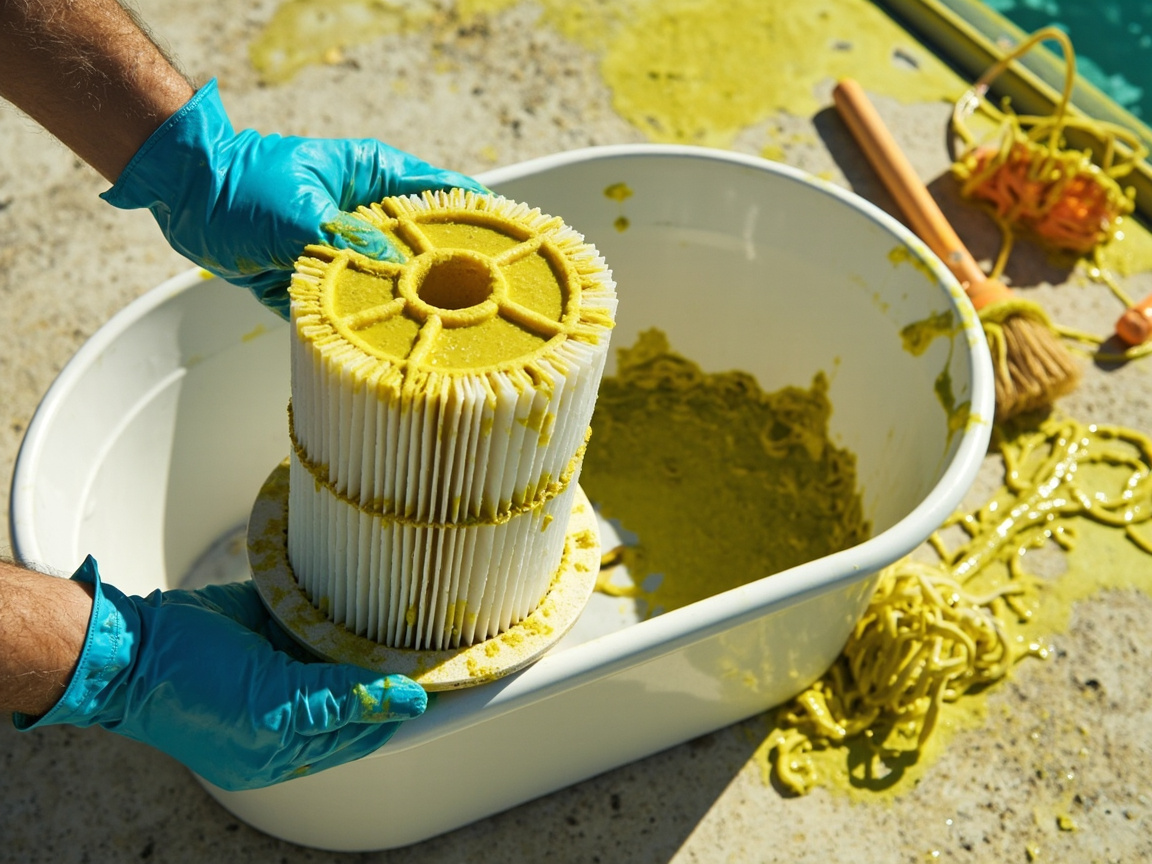 Gloved hands lifting a yellow-stained filter cartridge out of a white basin