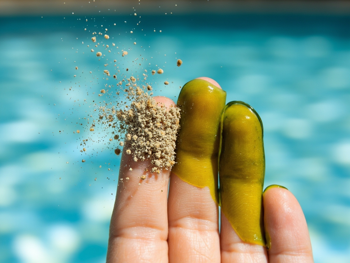 Finger comparison of loose pollen dust that smears away versus a cohesive sheet of yellow algae