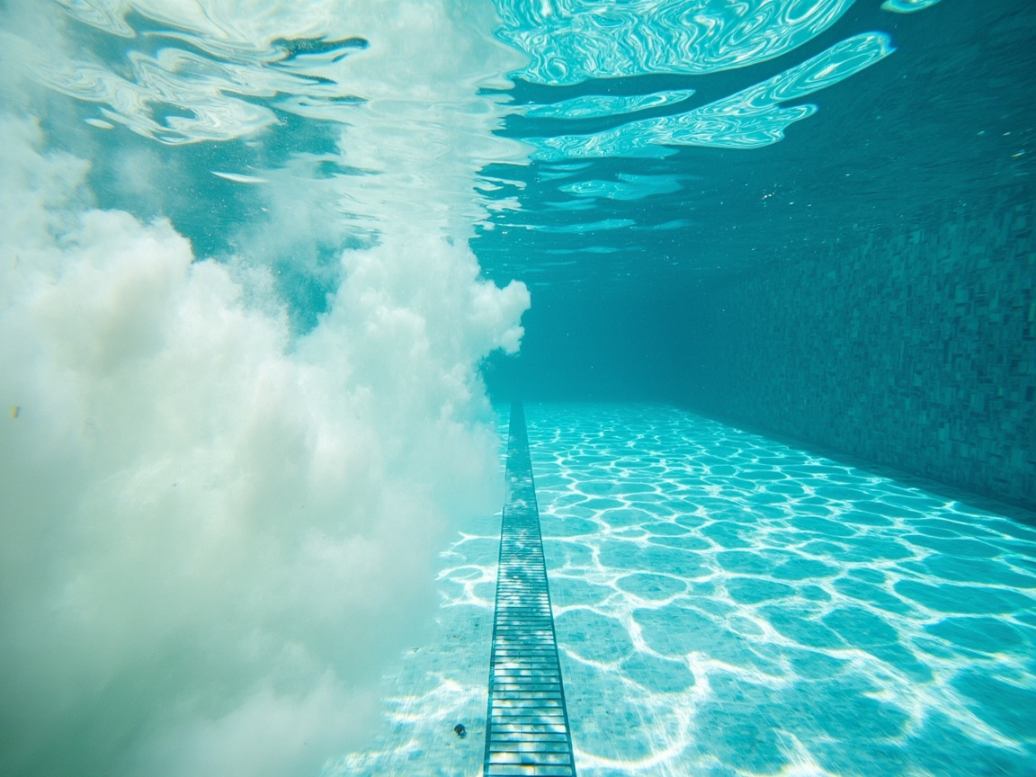 Split view of pool water: hazy blue-white fog on one side, crystal clear water on the other