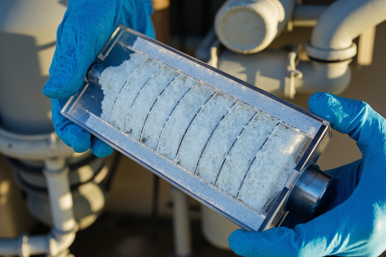 Close-up of a scaled salt chlorine generator cell with white calcium crust on the titanium plates