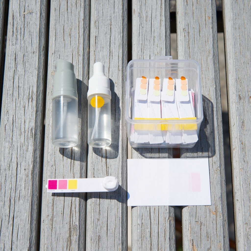Pool test reagent bottles, salt test strips and a color chart laid out in a row on a wooden table