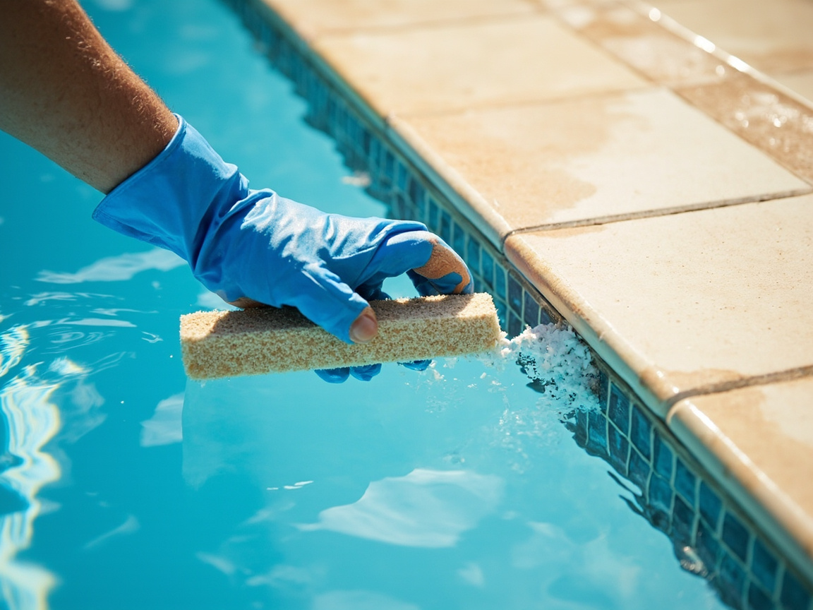 Blue-gloved hand using a pumice stone to scrub white calcium scale off a residential pool ceramic tile waterline