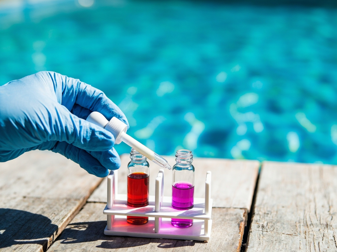 Pool drop test kit on a deck showing distinct red and magenta endpoint color readings from a gloved hand