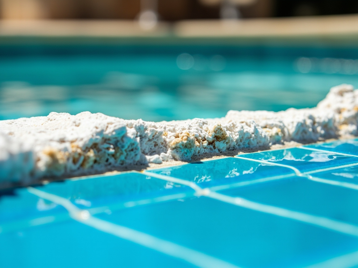 Close-up of white chalky calcium scale crust along residential pool ceramic tile waterline