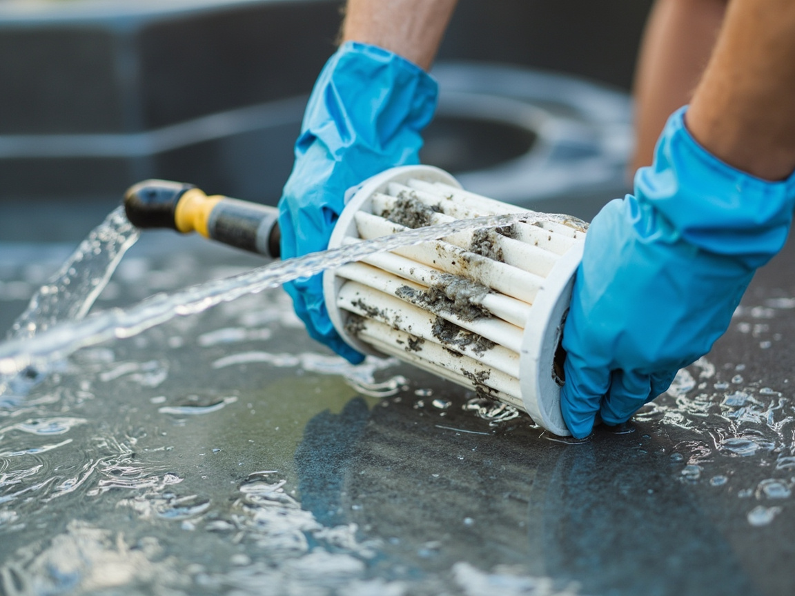 Rinsing a dirty hot tub cartridge filter