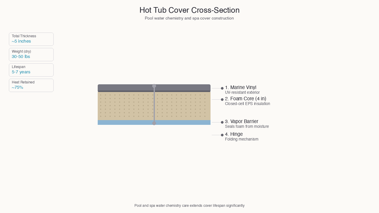 Cross-section diagram of a hot tub cover showing vinyl exterior, foam core, vapor barrier, and hinge layers