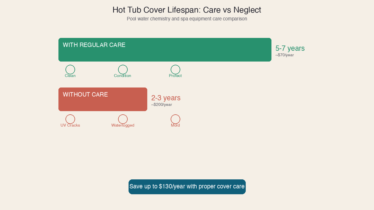 Timeline comparing maintained cover lifespan of 5-7 years vs neglected cover lifespan of 2-3 years with annual cost per year