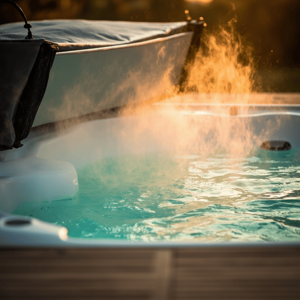 Hot tub cover shown open with steam escaping, illustrating the 15-minute airing-out habit after soaking to prevent mold