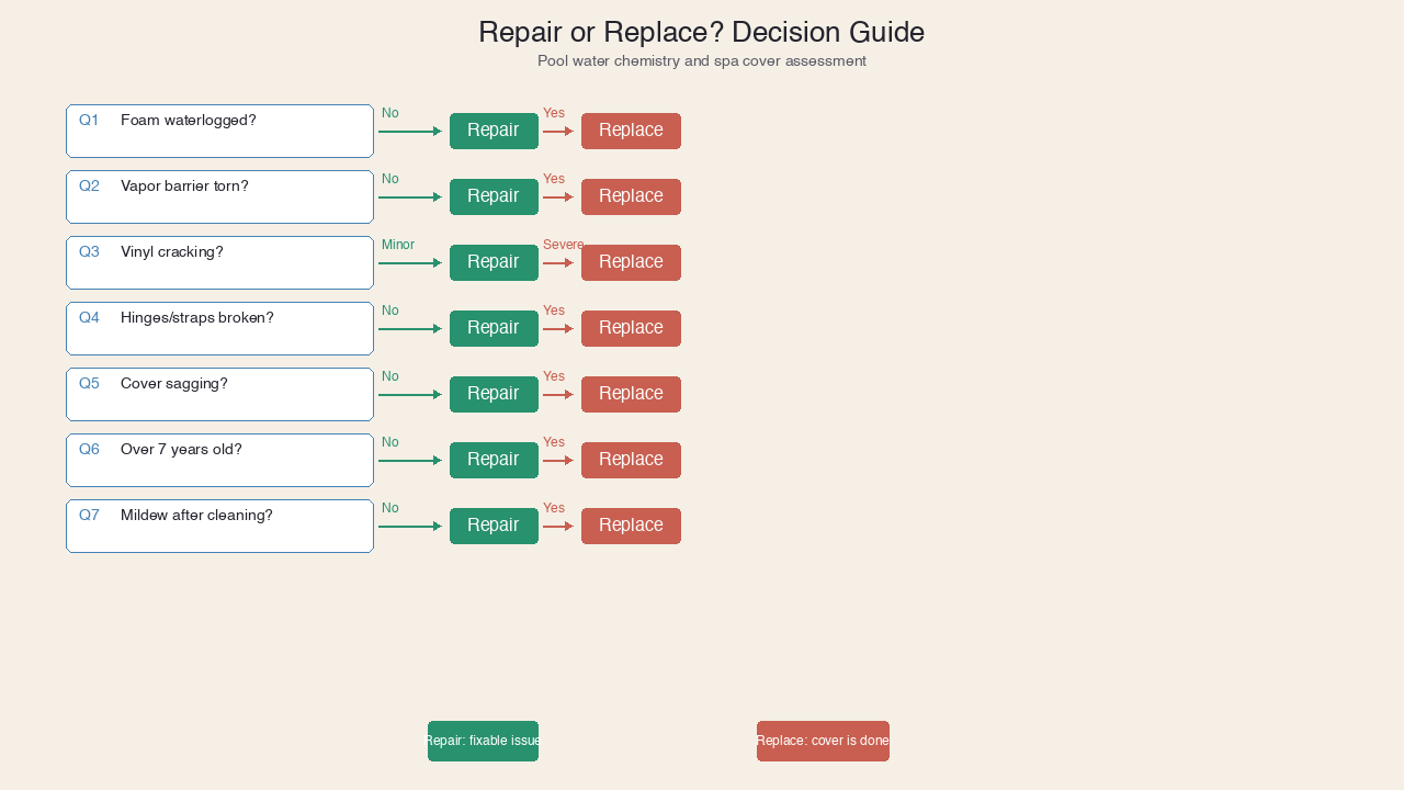 Decision flowchart with 7 questions about cover condition leading to repair or replace outcomes