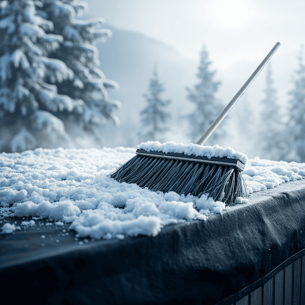 Snow-covered hot tub cover being cleared with a soft broom, contrasted with the damage risk of using a metal shovel