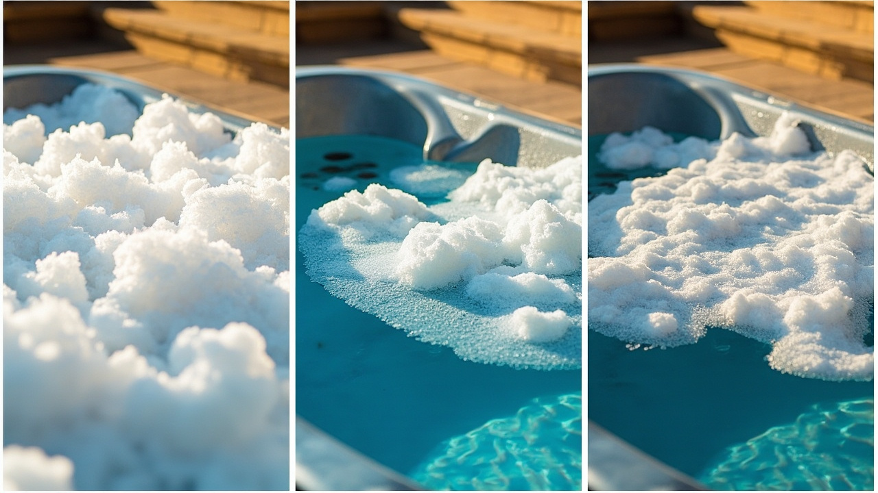 Three panels of hot tub foam: large detergent bubbles, small body oil bubbles, thin TDS film