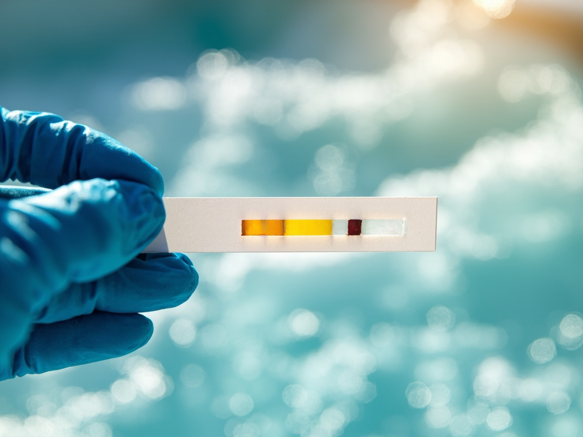 Plain white calcium hardness test strip held in a blue gloved hand over hot tub water