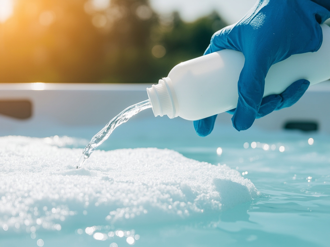 Blue-gloved hand pouring plain white defoamer bottle into foamy hot tub waterline, foam visibly dissolving