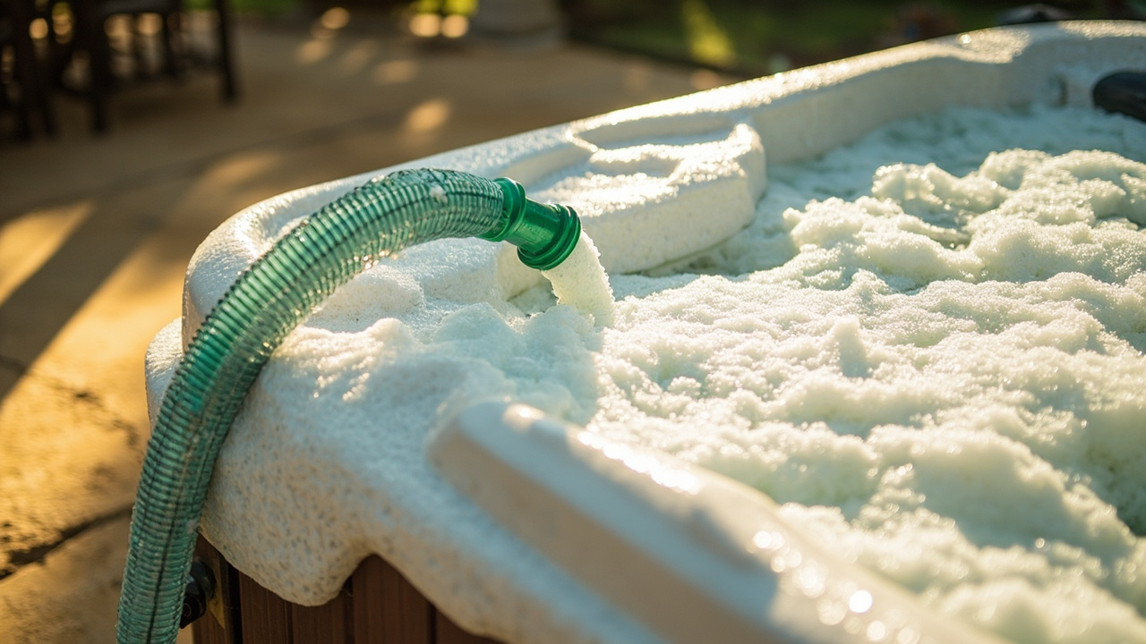 Hot tub with foam visible on surface and a green garden hose siphoning out old water for drain and refill