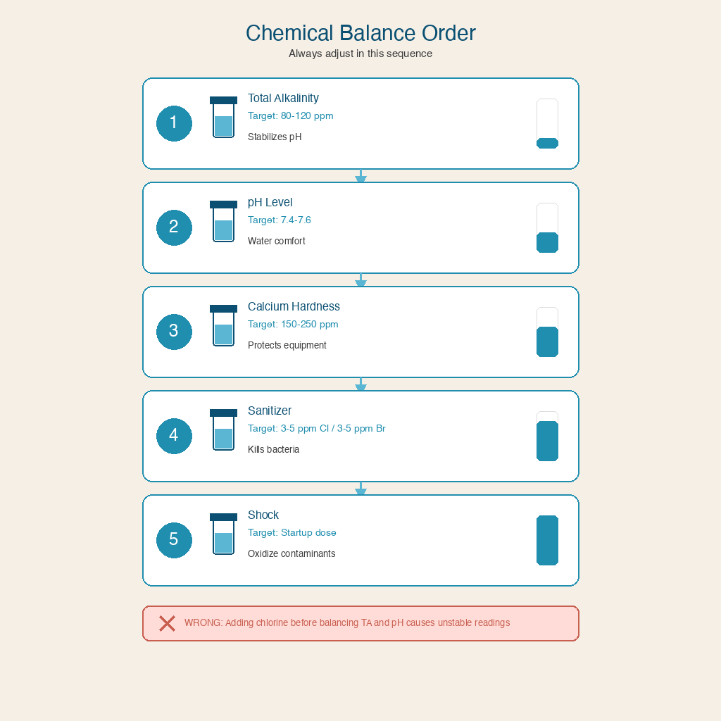 Correct chemical balancing order for hot tub startup showing TA first then pH calcium hardness sanitizer and shock