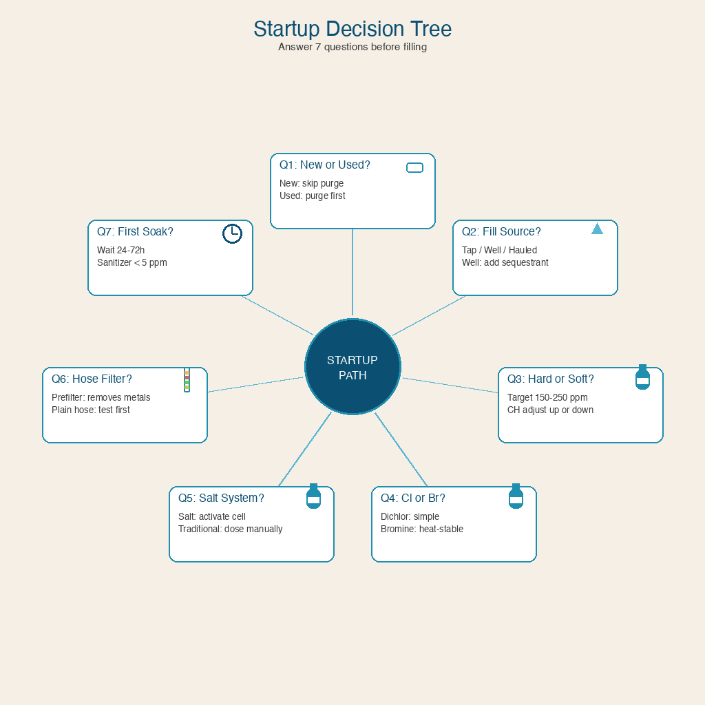 Hot tub startup seven-question decision tree covering new vs used, sanitizer type, salt system, and first soak timing