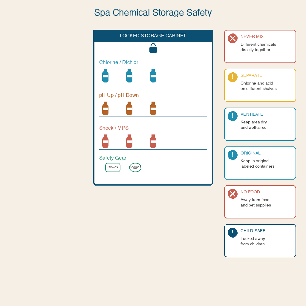 Proper spa chemical storage setup with locked cabinet and separated chlorine and acid products