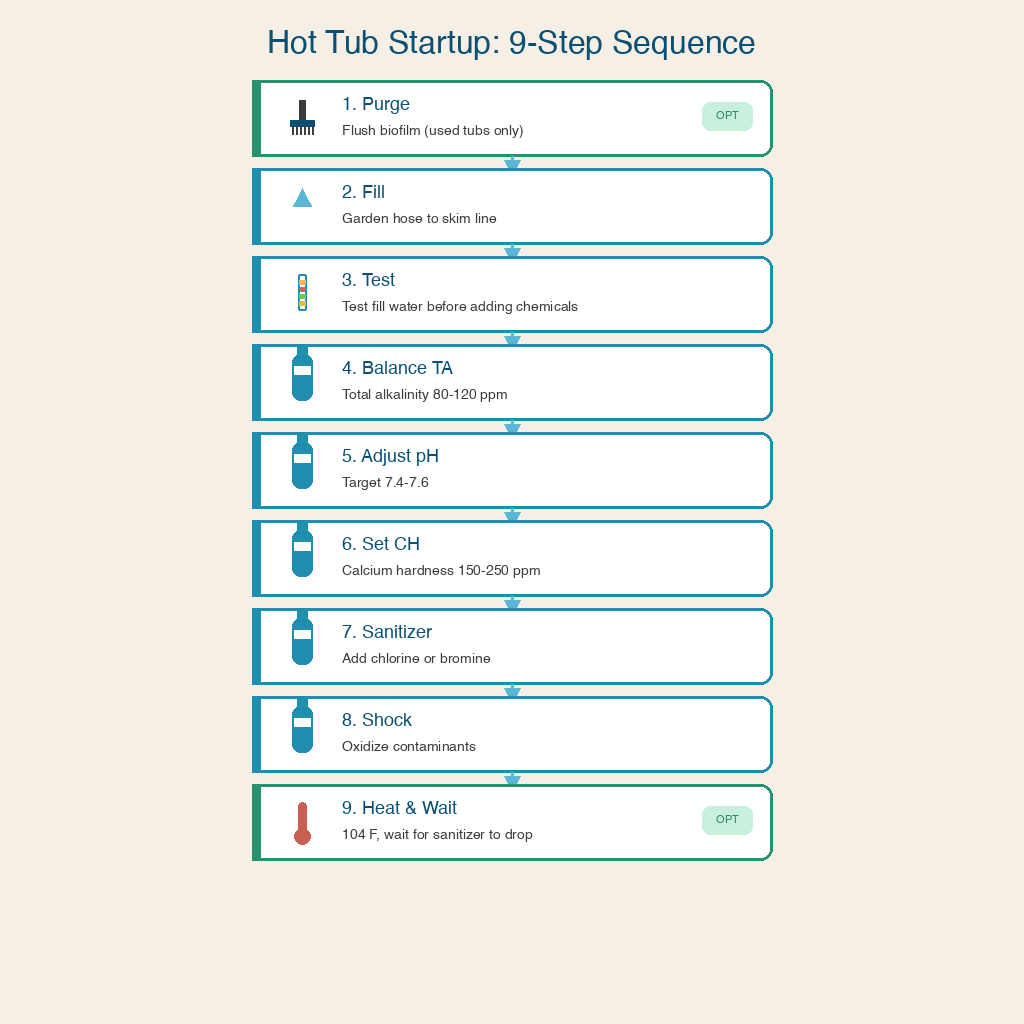 Nine-step hot tub startup flowchart from purge through fill, test, balance, sanitize, shock, and heat and wait