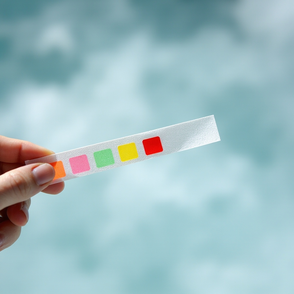 Hand holding a six-in-one spa test strip with five colored reagent pads against a blurred spa water background
