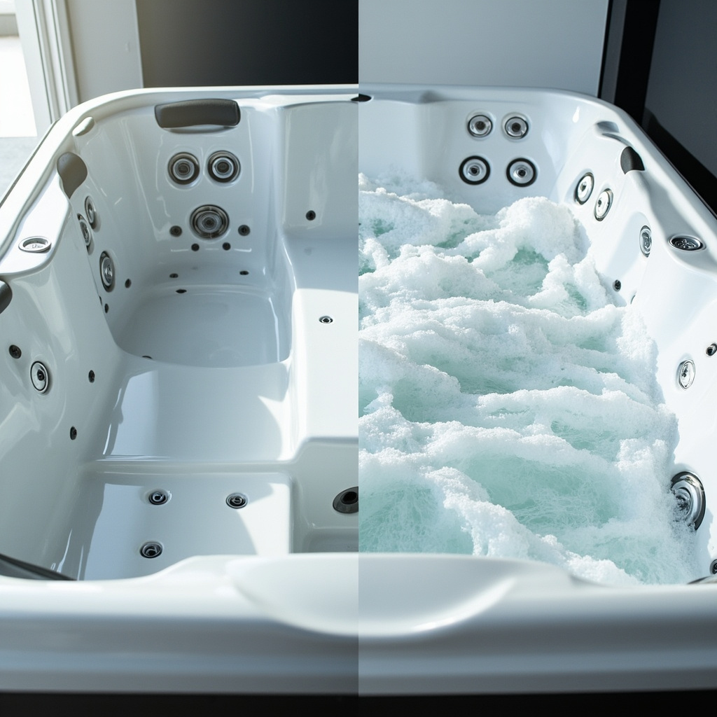 Side-by-side comparison of a clean empty new hot tub versus a used hot tub with foamy purge water from jet lines