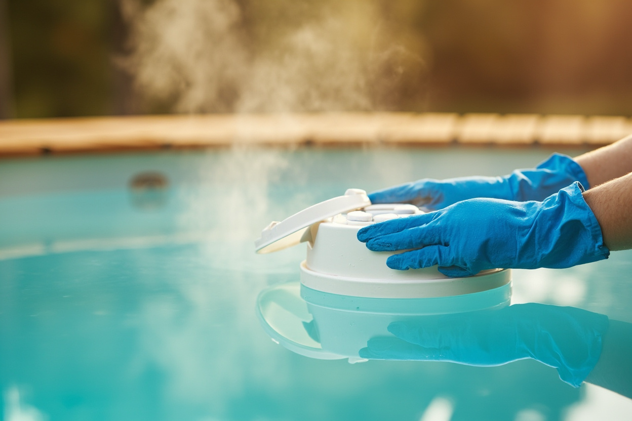 Floating bromine tablet dispenser with lid open showing 1-inch bromine tablets resting on spa water surface
