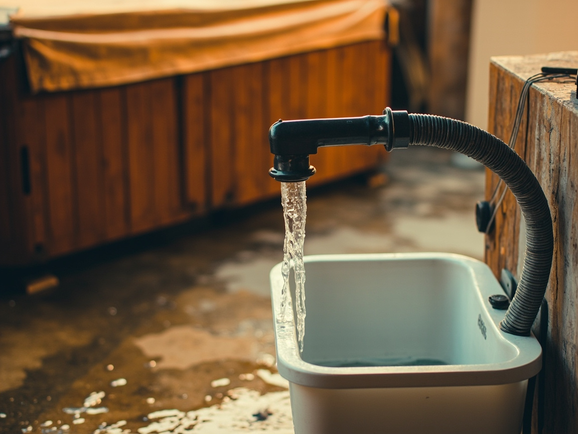 Garden hose draining a hot tub into a utility sink for a scheduled water change