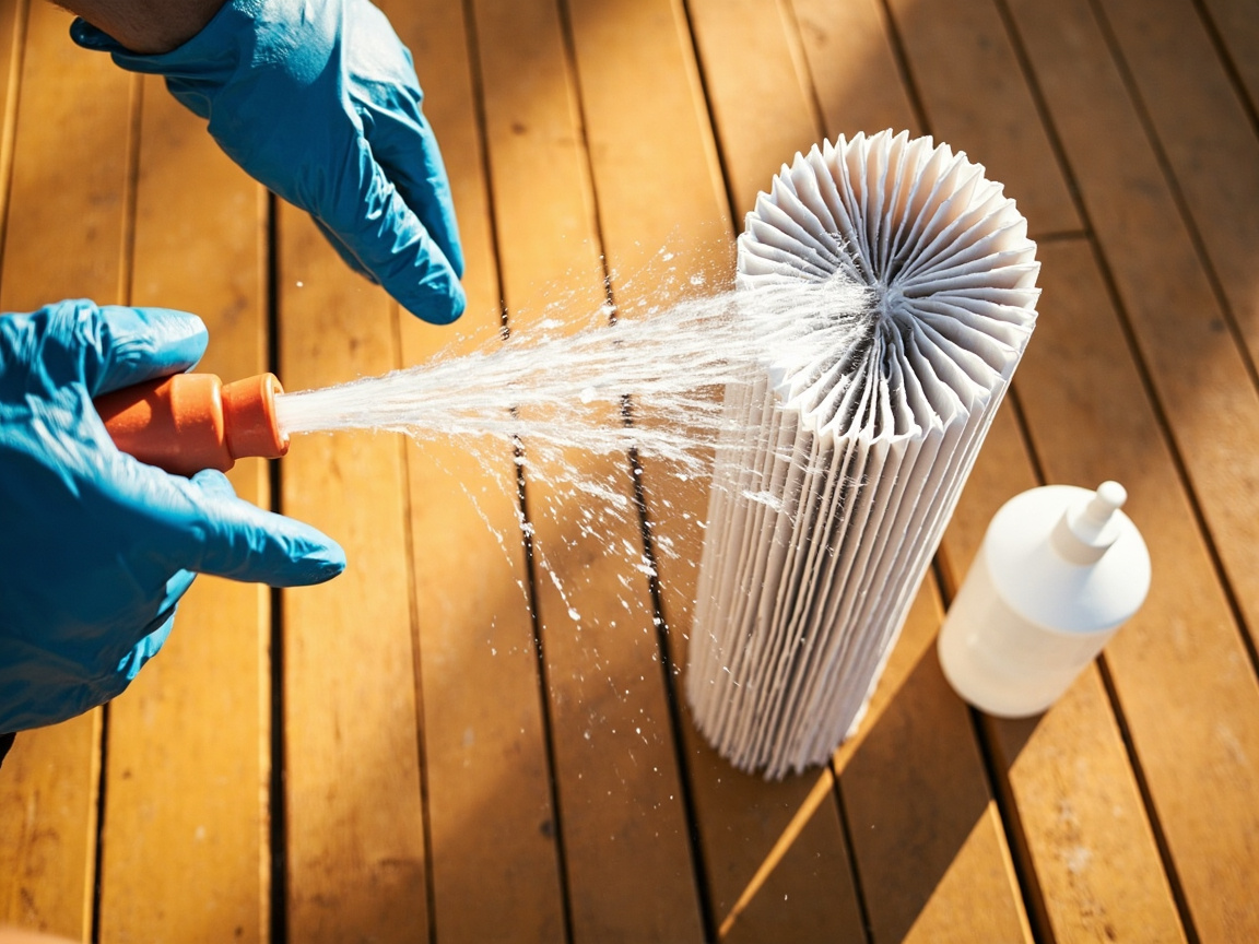 Rinsing a hot tub cartridge filter with a garden hose beside a spray bottle of filter cleaner