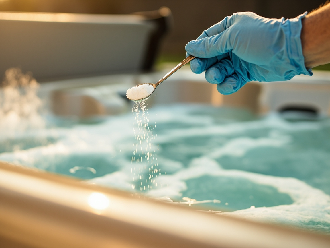 Hand measuring non-chlorine shock powder into spa water with cover lifted and jets running