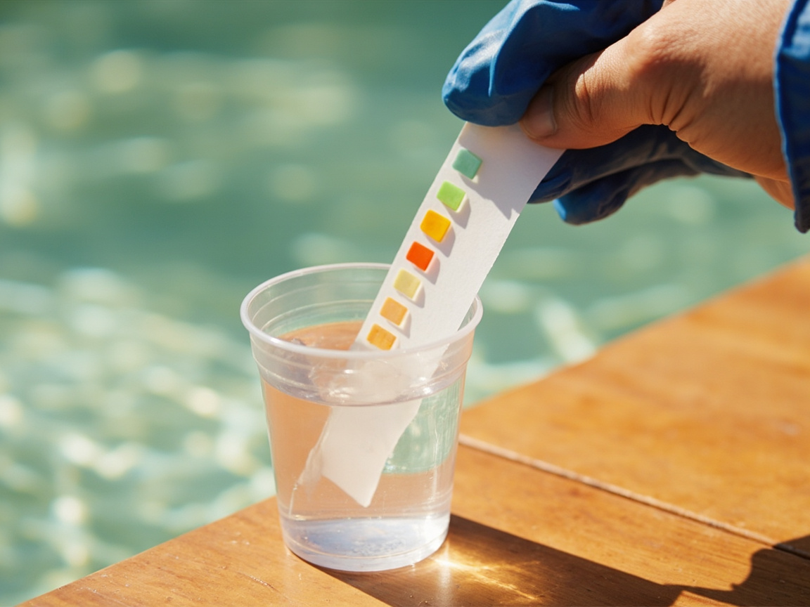 Hand dipping a 7-way test strip into a sample of spa water next to a color comparison chart
