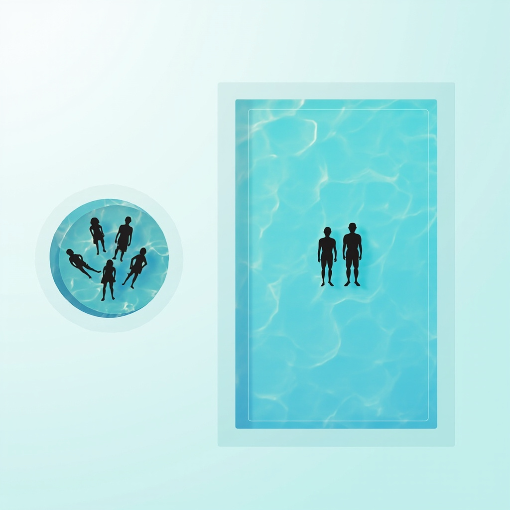 Bather load comparison showing 3-4 people in a small spa versus 1-2 people in a large pool