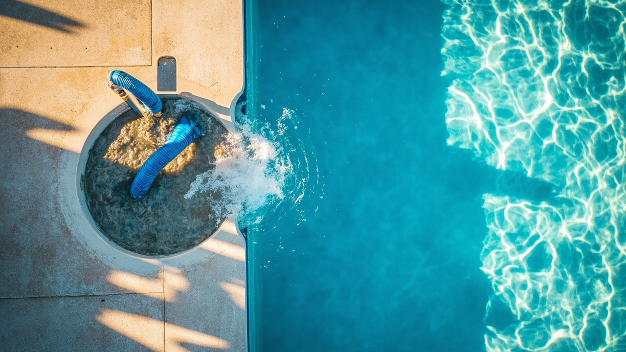 Small spa draining through a garden hose while the larger pool retains balanced water, illustrating drain frequency