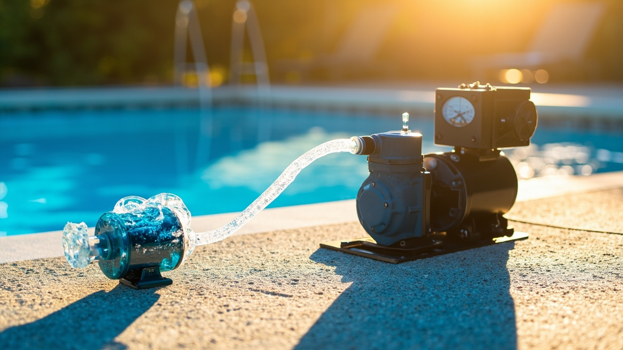 Pool filtration equipment on a deck, illustrating different setups for hot spa vs cool pool water