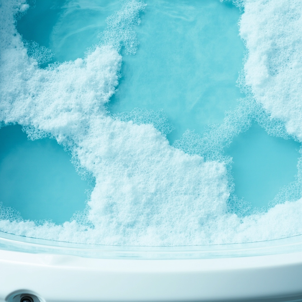 Hot tub with thick foam on water surface, illustrating spa foam problem with cross-link reference