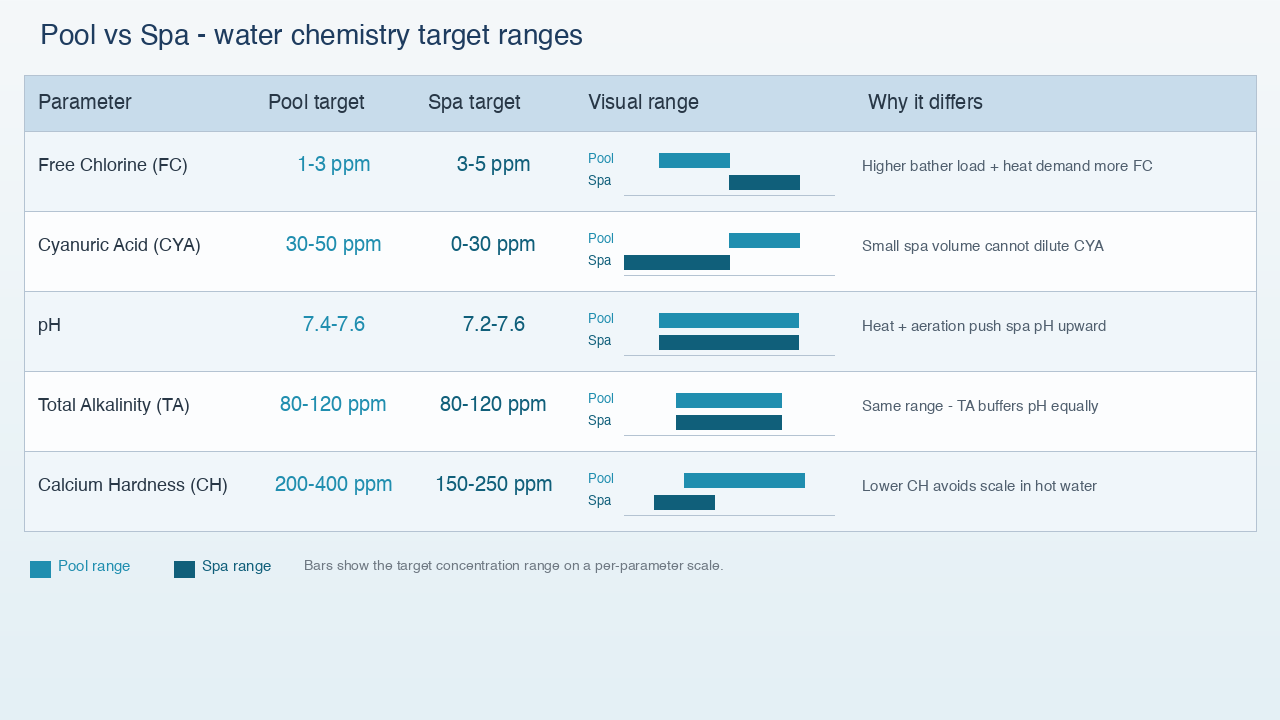 Chart comparing spa and pool chemistry targets for free chlorine, cyanuric acid, pH, total alkalinity, and calcium hardness