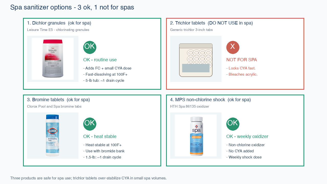 Four sanitizer options: dichlor granules, trichlor tablets marked not for spas, bromine tablets, and MPS non-chlorine shock