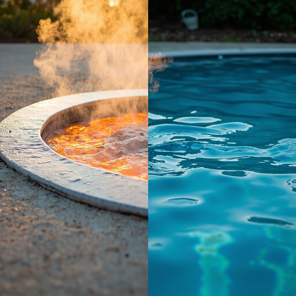 Bubbling hot tub spa with steam rising next to a calm cool swimming pool, illustrating the temperature difference