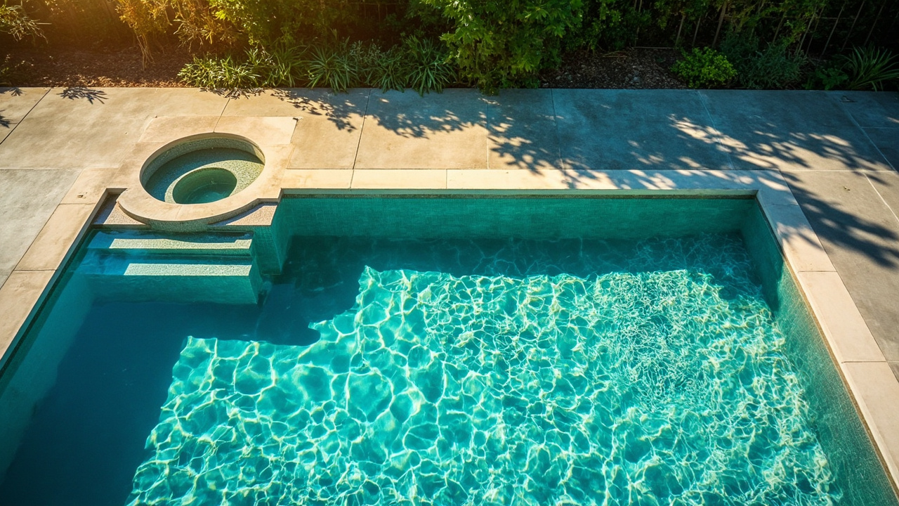 Small spa next to a much larger swimming pool on a backyard deck, illustrating the dramatic water volume difference